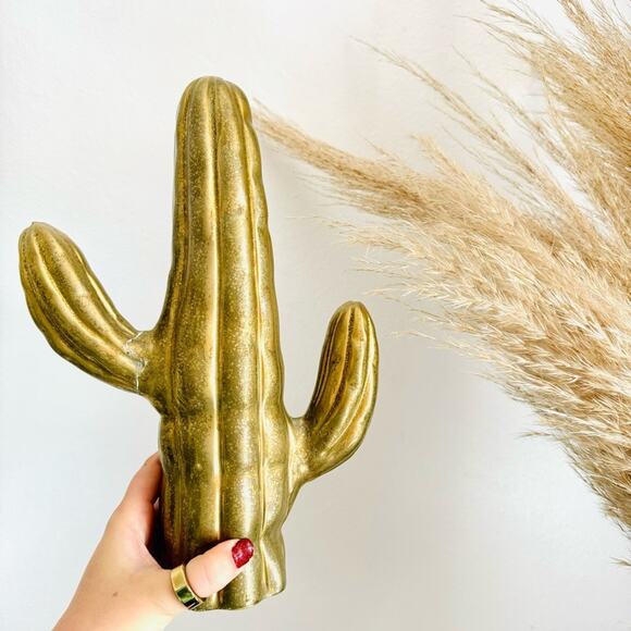 ANTHROPOLOGIE Textured Brass Gold Ceramic Saguaro Cactus Figurine Accent Decor - Picture 2 of 14